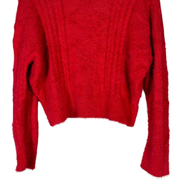 Alya Sweater Womens L Red Fuzzy Cable Knit Cropped Pullover Cozy Holiday Winter - Picture 4 of 7